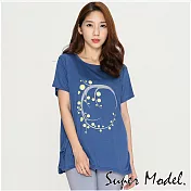 【名模衣櫃】休閒素色印花短袖上衣(M-XL適穿)F藍色