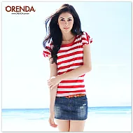 ORENDA Charming橫條荷葉袖上衣S紅色