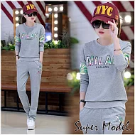 【名模衣櫃】花朵字母印花長袖運動套裝(M-XL適穿)FREE灰色