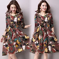 【NUMI】中國風棉麻腰部鬆緊長袖洋裝-共2色(M-XXL可選)2XL咖啡色