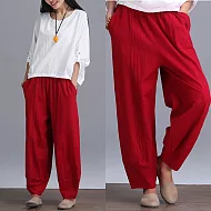 【NUMI】森-休閒棉麻寬鬆時尚百搭闊腿褲-共2色(M-L可選)L紅色