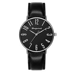 Geneva 日內瓦─雷克斯都會時尚大數字皮帶手錶 _黑盤黑帶