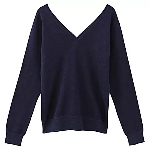 [MUJI 無印良品]女有機棉配色V領針織衫S深藍