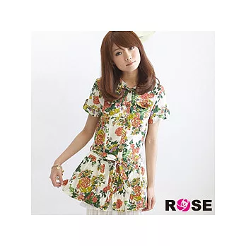 ROSE。清氛微漾飽和色調綁帶花朵長版襯衫
