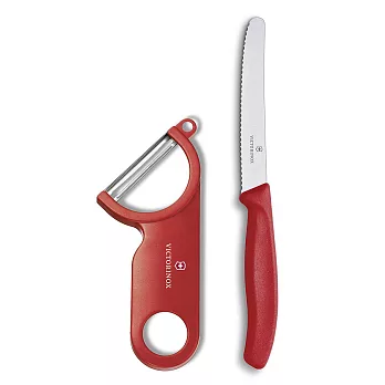 VICTORINOX 11cm經典番茄刀+經典削皮器-紅紅+銀