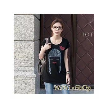 [WiWiShOp]甜味女孩．韓版立體鑽面小女孩臉造型圖案圓領T~黑色