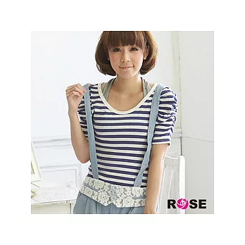 ROSE。韓製圓領條紋配色公主袖長版上衣-藍系