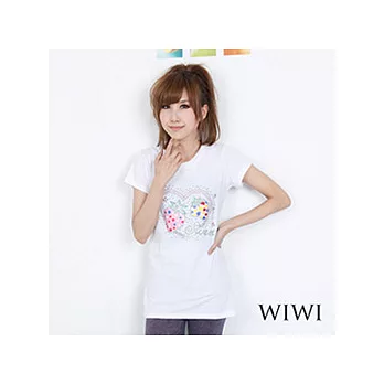 [WiWiShOp]DREAM．閃亮貼鑽SWEET愛心亮緞面草莓長版大圓領T~白色M