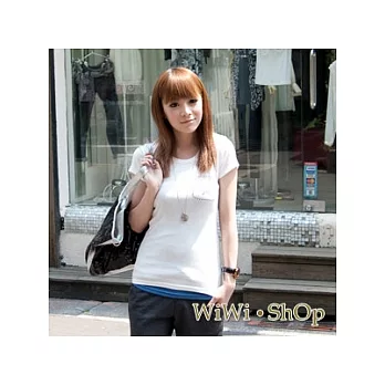 [WiWiShOp]悠閒時分．韓版可愛貼片星星假口袋造型圓領T~白色