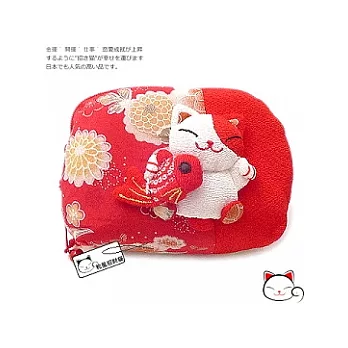 【和風招財貓】日本˙福氣八寶貓咪鈴鐺化妝包-囍紅