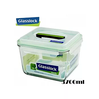 韓國【GlassLock】強化玻璃微波保鮮盒-手提正方型(3700ML)-戶外郊遊野餐