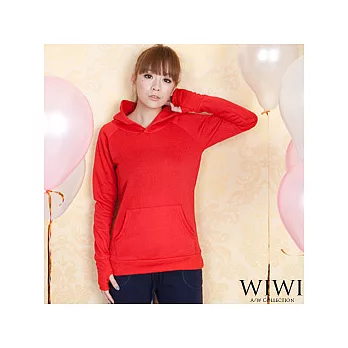 [WIWI]率性袖口露指設計內刷毛中口袋連帽上衣~大紅