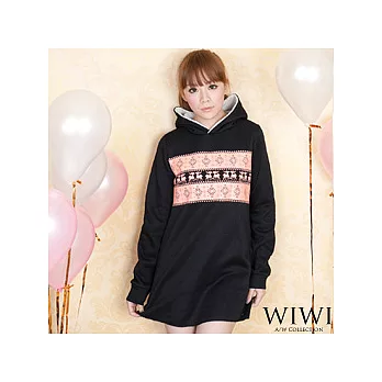 [WIWI]北歐風雪花麋鹿造型圖案內刷毛連帽上衣~黑色