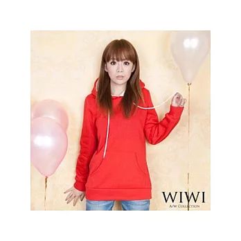 [WIWI]內刷毛中口袋仿羊毛兔耳朵抽繩連帽上衣~大紅