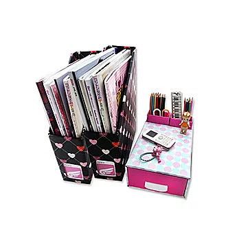 韓版DIY繽紛普普風桌面抽屜雜誌收納盒套組-抽屜筆筒盒+愛心菱格文件雜誌架X2