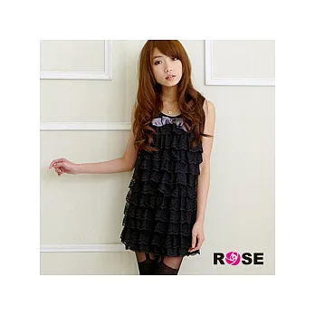 ROSE。圓領 蕾 絲 蝴蝶結蛋糕洋裝-黑系
