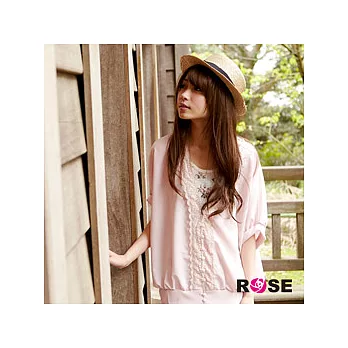 ROSE。韓版型V領 蕾 絲 寬袖罩衫上衣-粉系