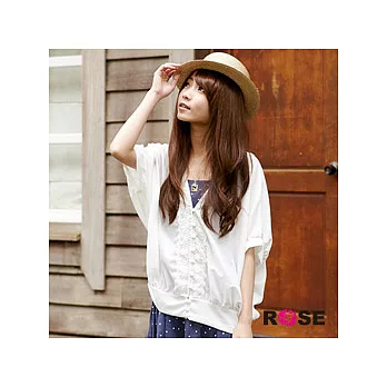 ROSE。韓版型V領 蕾 絲 寬袖罩衫上衣-白系