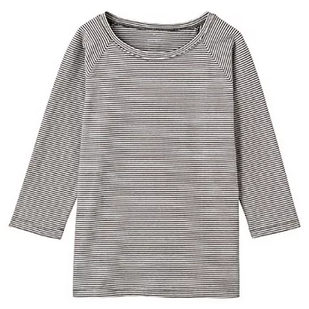 [MUJI 無印良品]女棉自由組合七分袖衫灰×白L