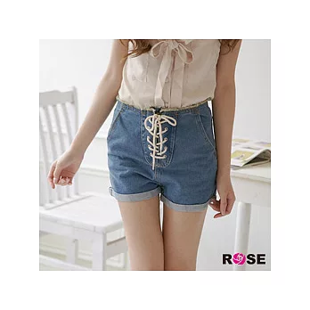 ROSE。韓系 馬甲綁帶高腰版刷破牛仔短褲-藍系S