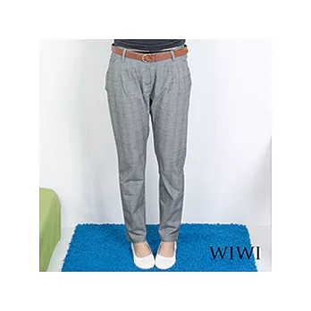 [WIWI]復古交錯格紋銅釦細皮帶打摺西裝褲~灰色M