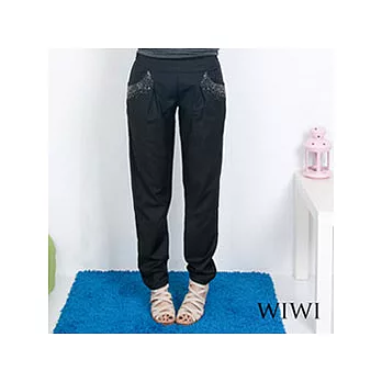 【WIWI】閃亮貼片皺褶側口袋腰鬆緊打摺長褲(黑色M)