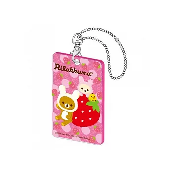 San-X 懶熊草莓兔裝卡片式吊牌票夾掛飾。桃