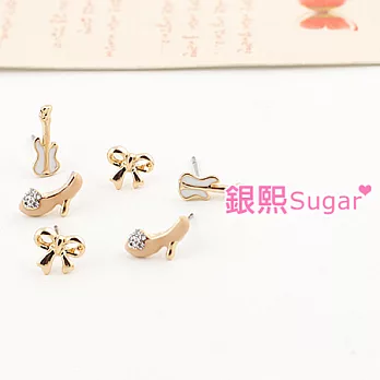 【銀熙】吉他女孩跟鞋吉他蝴蝶結六件組耳環(金色)