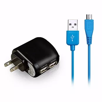 多彩 USB2.0 轉 Micro USB充電傳輸線(1M)+aibo AC電源轉USB 2PORT充電器-3100mA藍色傳輸線