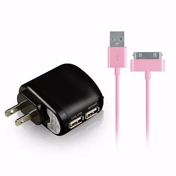 彩色 iPhone/iPad系列 USB傳輸線/充電線(1m)+aibo AC電源轉USB 2PORT充電器-3100mA粉紅線