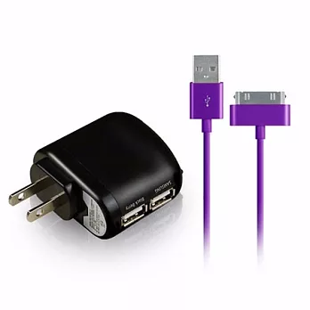 彩色 iPhone/iPad系列 USB傳輸線/充電線(1m)+aibo AC電源轉USB 2PORT充電器-3100mA紫色線