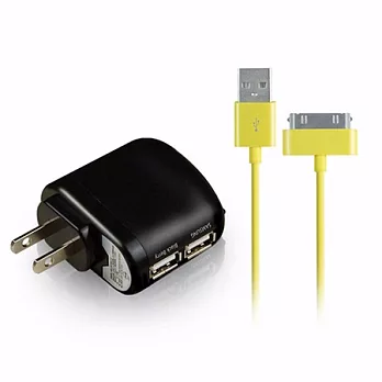 彩色 iPhone/iPad系列 USB傳輸線/充電線(1m)+aibo AC電源轉USB 2PORT充電器-3100mA黃色線