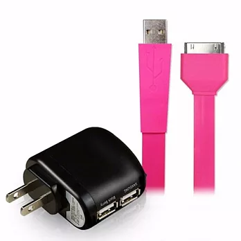 iPhone/iPad系列 多彩 USB 充電/傳輸 寬扁線+aibo AC電源轉USB 2PORT充電器-3100mA桃紅寬扁線