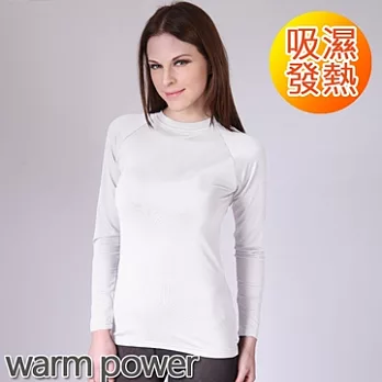 【Warm Power】吸濕發熱內刷毛保暖內衣_女圓領衫M白