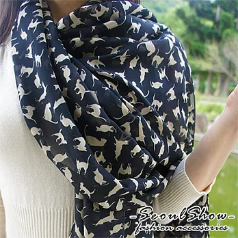 【Seoul Show】輕感時尚 小巧貓咪雪紡紗圍巾/披肩(黑色)