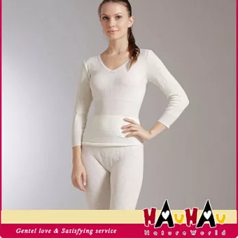 【HAU HAU】100%羊毛織花塑腰長袖L本白色