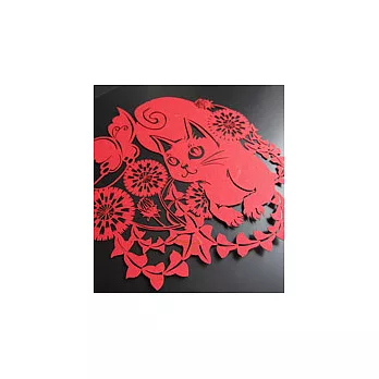 耄耋春暖-貓蝶剪紙