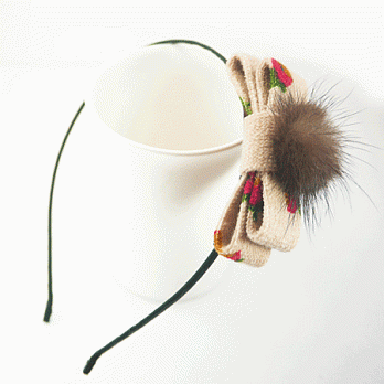 【PinkyPinky Boutique】毛球蝴蝶結髮箍(米色)