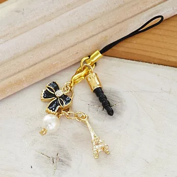 ●ECO安珂●【E5-140】鐵塔情緣 鐵塔珍珠綴鑲鑽黑蝴蝶結 耳機塞