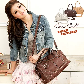 CHENSON 搖滾爵士.雙曲線立體弧線3用肩背/斜背波士頓包/棕色(CG65342-B)