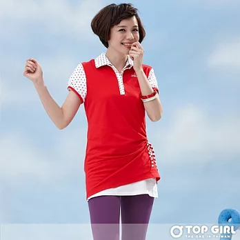 【TOP GIRL】圓點風時尚甜心剪接長版POLO衫-女M火熱紅