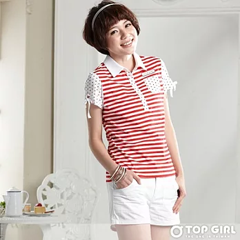 【TOP GIRL】小公主甜蜜風條紋剪接POLO衫-女S火熱紅