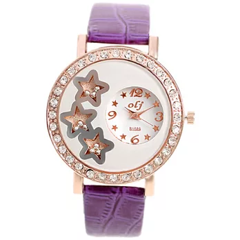 Watch-123 三個星願-滾動珠珠晶鑽腕錶x紫色帶-白