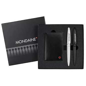 MONDAINE 瑞士國鐵雙色真皮名片夾+對筆禮盒組-黑