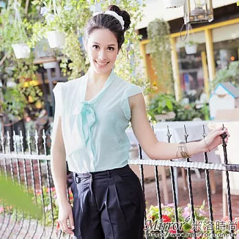 【Mirror米洛時尚】輕透蝶結領雪紡短袖襯衫 MIT台灣製造M水藍