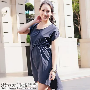 【Mirror米洛時尚】時尚反摺不對秤綁帶洋裝 MIT台灣製造M深藍
