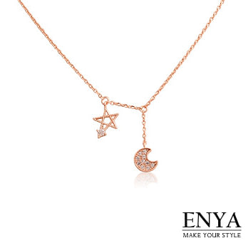 Enya★甜美女孩 星星月亮水鑽項鍊玫瑰金