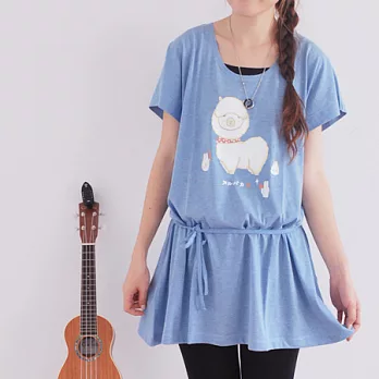 《mori shu》T-shirt-長版洋裝款-羊駝小兔寫真玩耍FREE麻花藍