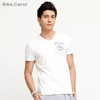 【Bés Carol】男式小飛機印花短袖T恤L象牙白