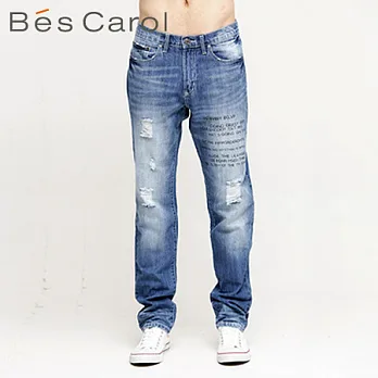 【Bés Carol】男式字母印花磨損牛仔長褲S牛仔藍